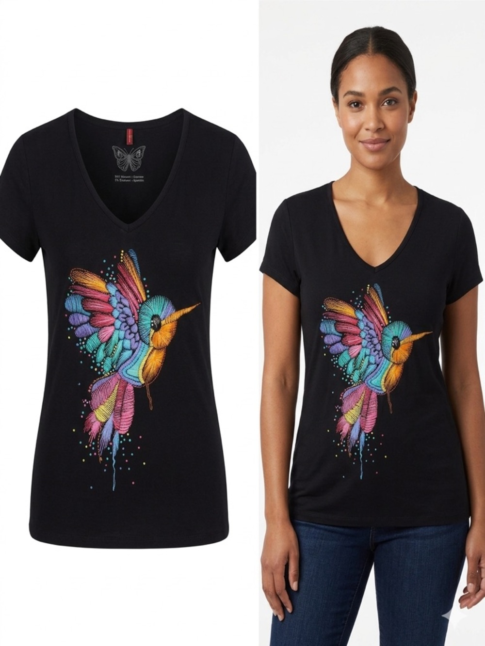Black V-Neck Short Sleeve Tee with Colorful Hummingbird Graphic